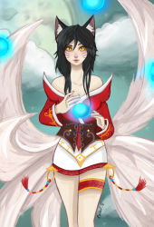 Rule 34 | 1girl, ahri (league of legends), animal ears, artist request, black hair, breasts, cleavage, energy ball, female focus, fox ears, fox tail, japanese clothes, kitsune, kyuubi, large breasts, league of legends, long hair, looking at viewer, multiple tails, solo, tail, traditional clothes, yellow eyes