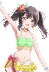 Rule 34 | 1girl, :d, arm up, bare arms, bare shoulders, bikini, bikini skirt, black hair, blush, bow, breasts, cleavage, collarbone, commentary request, earrings, flower, green bikini, hair between eyes, hair flower, hair ornament, highres, jewelry, looking at viewer, love live!, love live! school idol project, mismatched bikini, natsuiro egao de 1 2 jump!, navel, necklace, open mouth, pearl necklace, red bow, red eyes, red flower, simple background, sin (sin52y), small breasts, smile, solo, star (symbol), star earrings, striped bikini, striped clothes, swimsuit, teeth, twintails, upper teeth only, white background, yazawa nico, yellow bikini