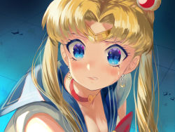 Rule 34 | 1girl, bishoujo senshi sailor moon, blonde hair, blue eyes, blue sailor collar, blush, breasts, choker, circlet, cleavage, collarbone, commentary, crescent, crescent earrings, derivative work, earrings, hair over shoulder, heart, heart choker, jewelry, long hair, looking at viewer, meme, parted bangs, portrait, red choker, sailor collar, sailor moon, sailor moon redraw challenge (meme), sailor senshi uniform, solo, teeth, torriet, tsukino usagi, twintails, upper body