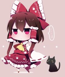 Rule 34 | ..., 1girl, ascot, bad id, bad twitter id, black cat, bow, brown background, brown hair, cat, closed mouth, detached sleeves, full body, hair bow, hair tubes, hakurei reimu, highres, looking at viewer, medium hair, nontraditional miko, paw print, red bow, red eyes, red footwear, red shirt, red skirt, ribbon-trimmed sleeves, ribbon trim, shirt, sidelocks, simple background, skirt, spoken ellipsis, standing, sweatdrop, touhou, white legwear, wide sleeves, yellow ascot, you (noanoamoemoe)