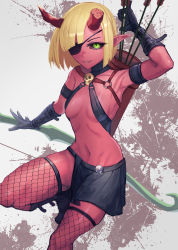 Rule 34 | 1girl, armpits, arrow (projectile), astarte (lost ruins), black footwear, black gloves, black sclera, black skirt, blonde hair, bob cut, bow (weapon), breasts, broken horn, colored sclera, colored skin, diagonal bangs, eyepatch, fishnet thighhighs, fishnets, gino (gino h), gloves, green eyes, hand up, highres, holding, holding arrow, horns, looking at viewer, lost ruins, medium breasts, medium hair, miniskirt, mole, mole under eye, navel, one eye covered, original, parted lips, pointy ears, quiver, red skin, skirt, skull, smile, solo, standing, standing on one leg, stomach, thighhighs, weapon