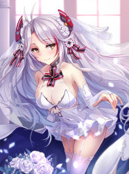 Rule 34 | 1girl, adapted costume, alternate costume, antenna hair, azur lane, bare shoulders, blush, breasts, bridal veil, brown eyes, cleavage, closed mouth, collarbone, cross, dress, flower, garter straps, hair between eyes, iron cross, large breasts, leaning forward, long hair, looking at viewer, mole, mole on breast, multicolored hair, prinz eugen (azur lane), prinz eugen (symphonic fate) (azur lane), rose, silver hair, smile, solo, streaked hair, thighhighs, two side up, veil, very long hair, wedding dress, white flower, white rose, white thighhighs, yuemanhuaikong