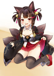 Rule 34 | 1girl, aged down, akagi-chan (azur lane), animal ears, azur lane, bell, black hair, black kimono, black thighhighs, clothes lift, commentary request, detached collar, fang, fox ears, fox tail, hair ornament, japanese clothes, jingle bell, kimono, lifting own clothes, minase tamaki, miniskirt, multiple tails, open mouth, panties, panty peek, red eyes, red skirt, ribbon, sandals, short hair, sitting, skirt, skirt lift, smile, solo, tail, thighhighs, thighs, twintails, underwear, white panties