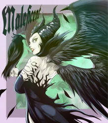 Rule 34 | 1girl, back, bird, bird on hand, black nails, black wings, character name, colored skin, colored smoke, corruption, crow, disney, dress, eyelashes, eyeshadow, feathered wings, fingernails, green skin, colored smoke, highres, horns, lips, lipstick, looking at viewer, looking back, makeup, maleficent, nail polish, nose, pale skin, sharp fingernails, side slit, sleeping beauty, smoke, solo, strapless, strapless dress, to-ru, wings, yellow eyes