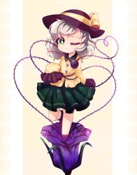 Rule 34 | 1girl, absurdres, alternate hair color, arm at side, artist name, black hat, blouse, blush, bow, breasts, bright pupils, buttons, chibi, closed mouth, commentary request, diamond button, dungeon toaster, eyeball, eyelashes, flower, frilled shirt collar, frills, green eyes, green skirt, hat, hat bow, hat ribbon, heart, heart of string, highres, knees, komeiji koishi, lace background, long sleeves, looking at viewer, one eye closed, pink background, purple flower, purple rose, ribbon, rose, sailor collar, shirt, short hair, silver hair, skirt, sleeves past fingers, sleeves past wrists, small breasts, solo, standing, standing on one leg, string, third eye, thorns, touhou, white pupils, wide sleeves, yellow bow, yellow ribbon, yellow shirt