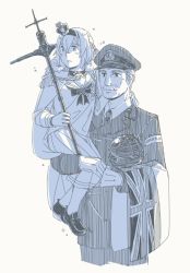 Rule 34 | 1boy, 1girl, admiral (kancolle), aged down, aiguillette, bad id, bad twitter id, blush, cape, carrying, choker, collared shirt, commentary, cropped legs, crown, epaulettes, facial hair, flag, flower, globus cruciger, gloves, hair between eyes, hair ornament, hairband, hat, holding, holding flag, kantai collection, loafers, long sleeves, medal, military, military hat, military uniform, mini crown, monochrome, mustache, naval uniform, necktie, parted lips, peaked cap, pleated skirt, ribbon, rose, sailor collar, sash, scepter, shaded face, shirt, shoes, simple background, skirt, translated, uniform, union jack, warspite (kancolle), weidashming, white background