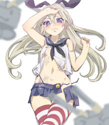 Rule 34 | 10s, 1girl, bad id, bad pixiv id, blonde hair, blue eyes, blue skirt, blush, cum, cum on body, cum on upper body, hairband, kantai collection, long hair, lying, no gloves, on back, open clothes, rensouhou-chan, shimakaze (kancolle), skirt, solo, striped clothes, striped thighhighs, thighhighs, yahako