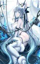 Rule 34 | 1girl, animal ear fluff, animal ears, ass, bare shoulders, blue eyes, blush, breasts, chain, closed mouth, commentary request, fate/grand order, fate (series), flower, from side, fur trim, grey hair, hair ornament, kousaki rui, large breasts, long hair, looking at viewer, lying, morgan le fay (fate), on side, ponytail, solo, spikes, tail, thighhighs, thighs, white thighhighs