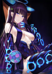 Rule 34 | 1girl, akitaka akita, bare shoulders, blue dress, blue eyes, blue fire, blue gloves, blue headwear, blue thighhighs, blunt bangs, blush, breasts, center opening, covered navel, dress, elbow gloves, fate/grand order, fate (series), fire, gloves, gradient background, hair ornament, halo, highres, large breasts, leaf hair ornament, long hair, looking at viewer, parted lips, purple hair, sitting, solo, thighhighs, thighs, very long hair, yang guifei (fate), yang guifei (third ascension) (fate)