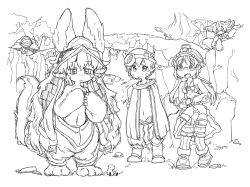 Rule 34 | 1boy, 1other, 2girls, animal ears, bird, birdweon, body fur, claws, cliff, extra arms, fake horns, faputa, furry, furry female, gabuurun, glasses, headlamp, helm, helmet, highres, horned helmet, horns, made in abyss, mechanical arms, mining helmet, monochrome, monster girl, multiple girls, multiple horns, multiple tails, nanachi (made in abyss), navel, puffy pants, regu (made in abyss), riko (made in abyss), robot, shorts, tail, tree, whiskers, whistle, whistle around neck