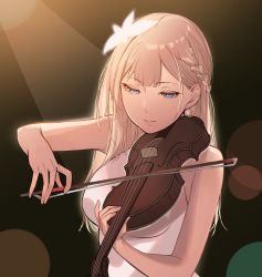 Rule 34 | 1girl, absurdres, bare arms, bare shoulders, black background, blonde hair, blue eyes, braid, dress, hair ornament, highres, instrument, long hair, lost ark, music, nineveh (lost ark), playing instrument, smile, solo, talnory, upper body, violin, white dress