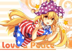 Rule 34 | 1girl, american flag dress, american flag legwear, blonde hair, blush, clownpiece, double v, fairy wings, hat, heart, heart-shaped pupils, jester cap, kotomuke fuurin, long hair, looking at viewer, open mouth, pantyhose, smile, solo, striped background, striped clothes, striped pantyhose, symbol-shaped pupils, touhou, v, w, wings, yellow eyes