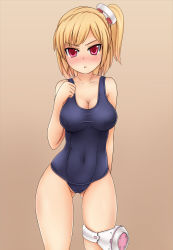 Rule 34 | 1girl, bad id, bad pixiv id, blonde hair, blush, breasts, cleavage, covered navel, embarrassed, emilia percival, large breasts, navel, one-piece swimsuit, open mouth, phantasy star, phantasy star portable 2, picolumi, red eyes, school swimsuit, side ponytail, solo, swimsuit, taut clothes, taut swimsuit, tsurime