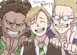 Rule 34 | 3boys, ^ ^, akutandayo, alphonse elric, arms at sides, black eyes, blonde hair, blush, brown hair, brown vest, cheekbones, clenched teeth, close-up, closed eyes, collarbone, collared shirt, curly hair, dark-skinned male, dark skin, dress shirt, facing viewer, fingernails, fullmetal alchemist, furrowed brow, glasses, green neckwear, green shirt, hand on another&#039;s shoulder, happy, head tilt, jerso (fma), laughing, light brown hair, looking at viewer, multiple boys, necktie, open mouth, parted lips, purple shirt, shaded face, sharp teeth, shirt, side-by-side, simple background, striped neckwear, swept bangs, tareme, teeth, thick lips, upper body, v, vest, white background, white shirt, zampano (fma)