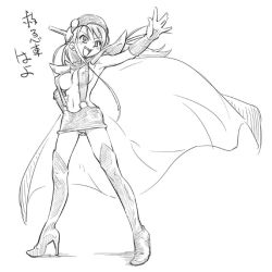 Rule 34 | 1girl, blush, boots, breasts, cape, clutch shot king, full body, genji tsuushin agedama, gluteal fold, greyscale, hand on own hip, head-mounted display, high heel boots, high heels, kuki rei, legs apart, long hair, miniskirt, monochrome, navel, panties, revealing clothes, shoulder pads, simple background, skirt, smile, solo, standing, suspender skirt, suspenders, thighhighs, underwear