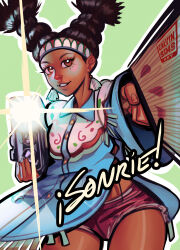 Rule 34 | 1girl, absurdres, black hair, brown eyes, calvin sims, camera, camera flash, capcom, club (weapon), dark-skinned female, dark skin, fringe trim, headband, highres, holding, holding camera, lily hawk, looking at viewer, multicolored clothes, pink shorts, pogamoggan, shorts, spanish text, street fighter, street fighter 6