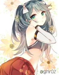 Rule 34 | 10s, 1girl, :&lt;, armlet, bare shoulders, blush, bra, cowboy shot, detached sleeves, flower, from side, green eyes, green hair, hair ribbon, hand in own hair, head tilt, isuzu (kancolle), kantai collection, long hair, looking at viewer, looking to the side, matching hair/eyes, pleated skirt, red skirt, ribbon, shijima (sjmr02), simple background, skirt, solo, twintails, twitter username, underwear
