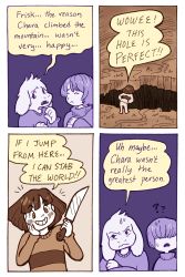 Rule 34 | 4koma, ?, ??, androgynous, asriel dreemurr, chara (undertale), comic, english text, frisk (undertale), gender request, hair over eyes, hand on own cheek, hand on own face, highres, hole, knife, monster boy, peppermintbee, shirt, spoilers, striped clothes, striped shirt, sweatdrop, undertale