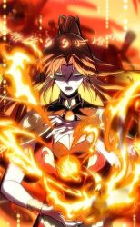 Rule 34 | 1girl, closed eyes, fire, hands up, jacket, long hair, official art, open mouth, orange hair, pick me up, red jacket, shay lathasterie, very long hair