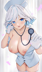 Rule 34 | 1girl, :d, absurdres, ahoge, alternate breast size, alternate costume, bare shoulders, blue eyes, blue hair, blush, breasts, breasts out, cleavage, collarbone, commentary, cowlick, furina (genshin impact), genshin impact, gloves, hat, highres, holding, holding stethoscope, large breasts, looking at viewer, mismatched pupils, multicolored hair, nipples, nurse, nurse cap, open mouth, ronnie z, shirt, skindentation, smile, solo, stethoscope, streaked hair, thighhighs, thighs, wavy hair, white gloves, white hair, white hat, white shirt, white thighhighs