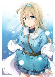Rule 34 | 1girl, absurdres, bad id, bad twitter id, blonde hair, blue coat, blue eyes, blue hairband, blue shirt, blush, breasts, coat, collared shirt, fur-trimmed coat, fur trim, girls&#039; frontline, hair between eyes, hair ornament, hairband, hand on own hip, head tilt, highres, long hair, looking at viewer, medium breasts, open mouth, paaru, shawl, shirt, sidelocks, signature, smile, snowflake hair ornament, solo, suomi (girls&#039; frontline), thighs, twitter username