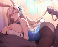 Rule 34 | 1girl, 2boys, animal ears, animated, animated gif, asuna (blue archive), asuna (bunny) (blue archive), blonde hair, blue archive, blue bow, blue bowtie, blue eyes, blue leotard, blue ribbon, blush, bow, bowtie, breasts, brown pantyhose, buttjob, buttjob over clothes, dark-skinned male, dark skin, detached collar, fake animal ears, fellatio, gloves, hair ribbon, halo, holding another&#039;s hair, huge breasts, interracial, leotard, leotard pull, long hair, multiple boys, nipples, open mouth, oral, paizuri, pantyhose, penis, playboy bunny, rabbit ears, rabbit tail, ribbon, tail, thighband pantyhose, tongue, tongue out, uncensored, very long hair, waero, white gloves