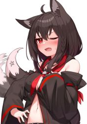 Rule 34 | ahoge, animal ear fluff, animal ears, belt, black hair, black hoodie, blush, braid, breasts, commentary request, deaver, detached sleeves, fang, fox ears, fox girl, fox tail, hair between eyes, hand on own hip, hand on own chest, highres, hololive, hood, hoodie, kurokami fubuki, long hair, looking at viewer, midriff, motion lines, navel, neckerchief, one eye closed, open mouth, pentagram, red eyes, red neckerchief, sidelocks, simple background, single braid, small breasts, sweatdrop, tail, virtual youtuber, white background