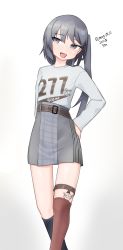 Rule 34 | 1girl, absurdres, alternate costume, asymmetrical legwear, breasts, character name, dated, grey eyes, grey hair, highres, kantai collection, looking at viewer, maru (marg0613), medium hair, mismatched legwear, no headgear, one-hour drawing challenge, scamp (kancolle), simple background, small breasts, solo, thighs, tongue, tongue out, twitter username, white background