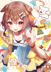 Rule 34 | 1girl, animal collar, animal ears, bone hair ornament, bracelet, braid, breasts, brown eyes, brown hair, cleavage, collar, commentary, dog ears, dress, fingernails, hair between eyes, hair ornament, hairclip, highres, hololive, hoso-inu, inugami korone, inugami korone (1st costume), inugami korone (dog), jacket, jewelry, korochun, kuwaefuru, light blush, listener (inugami korone), long hair, looking at viewer, low twin braids, medium breasts, nail polish, off shoulder, open clothes, open jacket, open mouth, pinky out, red collar, short dress, single bare shoulder, sleeveless, sleeveless dress, solo, twin braids, v-shaped eyebrows, virtual youtuber, white dress, yellow jacket, yellow nails, yubi yubi (inugami korone)