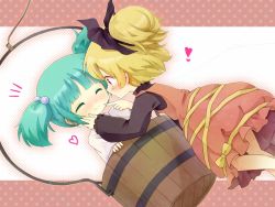 Rule 34 | !, 2girls, blonde hair, blush, bow, bucket, closed eyes, female focus, green hair, hair bobbles, hair bow, hair ornament, hand on another&#039;s cheek, hand on another&#039;s face, heart, heart-shaped pupils, in bucket, in container, kisume, kurodani yamame, multiple girls, open mouth, pointing, red eyes, short hair, smile, symbol-shaped pupils, tona (nekotte), touhou, twintails
