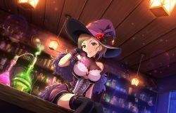 Rule 34 | 1girl, alternate costume, artist request, black thighhighs, brown eyes, brown hair, earrings, feather boa, flower, gloves, hat, hat flower, highres, hyodo rena, idolmaster, idolmaster cinderella girls, idolmaster cinderella girls starlight stage, jewelry, official art, short hair, solo, thighhighs, witch hat