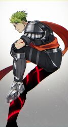 Rule 34 | 1boy, achilles (fate), armor, black shirt, closed mouth, fate/grand order, fate (series), foot out of frame, gradient background, green hair, highres, invisible chair, light particles, looking at viewer, male focus, armored boots, orange sash, pauldrons, ribbed shirt, rupoipo, shirt, short hair, shoulder armor, simple background, sitting, solo, tattoo, undercut, white background