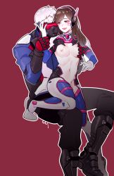 Rule 34 | 108 127, 1boy, 1girl, age difference, bad id, bad pixiv id, breasts, brown hair, d.va (overwatch), facepaint, facial mark, hand on another&#039;s chest, hand on another&#039;s face, hetero, highres, looking at another, mask, navel, nipples, open clothes, open mouth, overwatch, overwatch 1, pink background, silver hair, simple background, sitting, sitting on lap, sitting on person, soldier: 76 (overwatch), whisker markings