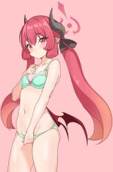 Rule 34 | 1girl, absurdres, blue archive, blush, bra, breasts, collarbone, commentary request, covering privates, covering crotch, eggplant7217, halo, highres, horns, junko (blue archive), looking at viewer, navel, panties, pink background, pointy ears, red eyes, red hair, simple background, small breasts, underwear
