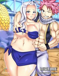 Rule 34 | 1boy, 1girl, bikini, bluegraves, blush, grabbing another&#039;s breast, breast press, breasts squeezed together, breasts, censored, couple, covered erect nipples, curvy, facing viewer, fairy tail, grabbing, grabbing from behind, grin, groping, huge breasts, large breasts, legs, long hair, looking at viewer, mirajane strauss, muscular, muscular male, natsu dragneel, one eye closed, revealing clothes, sexually suggestive, skirt, smile, swimsuit, thick thighs, thighs, white hair, wide hips, wink