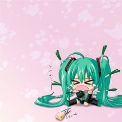 Rule 34 | &gt; &lt;, 1girl, ahoge, android, aqua hair, bare shoulders, boots, chibi, clenched hand, closed eyes, detached sleeves, fenrir (fenlil0316), hatsune miku, long hair, necktie, sitting, skirt, solo, spring (object), spring onion, tears, thigh boots, thighhighs, twintails, very long hair, vocaloid