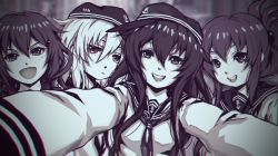 Rule 34 | &gt;:d, 10s, 4girls, :d, akatsuki (kancolle), anchor symbol, black hair, blurry, chromatic aberration, depth of field, fang, flat cap, folded ponytail, foreshortening, group picture, hair between eyes, hair ornament, hairclip, happy, hat, hibiki (kancolle), highres, ikazuchi (kancolle), inazuma (kancolle), incoming hug, kantai collection, kuon (kwonchanji), long hair, long sleeves, looking at viewer, monochrome, multiple girls, neckerchief, open mouth, outstretched arms, reaching, reaching towards viewer, school uniform, selfie, serafuku, short hair, smile, upper body, v-shaped eyebrows, white hair