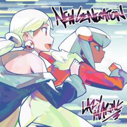 Rule 34 | 2girls, album cover, blonde hair, cover, dark skin, dark-skinned female, earrings, english text, hairpods, highres, jewelry, lazy marine, long hair, low twintails, multiple girls, off-shoulder shirt, off shoulder, open mouth, running, shirt, sideways mouth, twintails, white hair, woofycakes