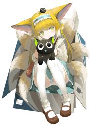 Rule 34 | 1girl, absurdres, animal, animal ear fluff, animal ears, arknights, black cat, blonde hair, blue hairband, blue skirt, box, brown footwear, cardboard box, cat, cigarette p, closed mouth, commentary request, fox ears, fox girl, fox tail, frilled hairband, frills, full body, green eyes, hairband, heixiu, highres, holding, holding animal, in box, in container, jacket, kitsune, knees up, long sleeves, looking at viewer, luo xiaohei, luo xiaohei zhanji, multicolored hair, panties, puffy long sleeves, puffy sleeves, shoes, simple background, skirt, smile, striped clothes, striped panties, suzuran (arknights), suzuran (spring praise) (arknights), tail, thighhighs, two-tone hair, underwear, white background, white hair, white jacket, white thighhighs