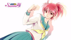 Rule 34 | 1girl, character name, clenched hand, dutch angle, end card, from below, green sailor collar, green skirt, hair between eyes, high ponytail, long sleeves, looking at viewer, neckerchief, official art, pleated skirt, red eyes, red hair, sailor collar, saint seiya, saint seiya saintia sho, shadow, shirt, short hair, simple background, skirt, smile, solo, white background, white shirt, yellow neckerchief