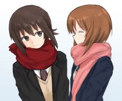 Rule 34 | 10s, 2girls, alternate costume, black jacket, blazer, blue jacket, brown eyes, brown hair, brown sweater, closed mouth, commentary, diagonal-striped clothes, diagonal-striped necktie, diagonal-striped neckwear, facing another, from side, girls und panzer, grey background, jacket, leaning to the side, long sleeves, looking at another, multiple girls, mutsu (layergreen), necktie, nishizumi maho, nishizumi miho, pink scarf, red neckwear, red scarf, scarf, school uniform, shirt, short hair, siblings, sisters, smile, standing, striped clothes, striped neckwear, sweater, upper body, v-neck, white shirt, winter clothes