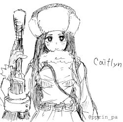 Rule 34 | 1girl, belt, black hair, breasts, caitlyn (league of legends), character name, female focus, frown, fur hat, fur trim, greyscale, gun, hat, holding, holding weapon, large breasts, league of legends, long hair, looking at viewer, monochrome, otani (kota12ro08), sketch, solo, upper body, weapon, white background, winter clothes, winter uniform