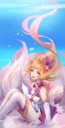 Rule 34 | 1girl, absurdres, ahri (league of legends), artist name, bare shoulders, blonde hair, blue background, breasts, choker, closed mouth, detached sleeves, feet out of frame, fox tail, hair ornament, hair up, highres, league of legends, long hair, looking at viewer, medium breasts, parted lips, pink eyes, purple choker, solo, tail, teeth, thighhighs, white thighhighs, xiuluoyi00
