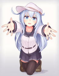 Rule 34 | 1girl, :d, bad id, bad pixiv id, belt, black thighhighs, blue eyes, blue skirt, brown footwear, flat cap, full body, hammer and sickle, hat, hibiki (kancolle), highres, imminent hug, kantai collection, kneeling, loafers, long hair, long sleeves, looking at viewer, open mouth, outstretched arms, pleated skirt, reaching, reaching towards viewer, reitou mikan, school uniform, serafuku, shoes, silver hair, simple background, skirt, smile, solo, thighhighs, verniy (kancolle), white background