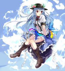 Rule 34 | 1girl, blue hair, boots, cross-laced footwear, food, fruit, gorilla (bun0615), hat, highres, hinanawi tenshi, keystone, lace-up boots, long hair, open mouth, peach, red eyes, ribbon, short sleeves, sky, solo, touhou, very long hair