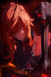 Rule 34 | 1boy, black gloves, blood, blood on face, closed mouth, coat, commentary request, diluc (genshin impact), diluc (red dead of night) (genshin impact), genshin impact, gloves, greatsword, hair between eyes, highres, holding, holding sword, holding weapon, kokollet, long hair, looking at viewer, male focus, one eye closed, ponytail, red coat, red eyes, red hair, simple background, solo, sparkle, sword, upper body, weapon