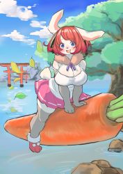 Rule 34 | 1girl, :d, absurdres, animal ears, animal nose, blue eyes, blush, body fur, breasts, rabbit, carrot, cloud, commentary, furry, furry female, highres, large breasts, falling leaves, looking at viewer, medium hair, ookami0201, open mouth, original, pink skirt, pleated skirt, rabbit ears, rabbit girl, rabbit tail, red hair, sitting, skirt, sky, smile, solo, tail, torii, tree, white fur
