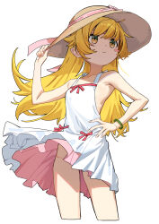 Rule 34 | 1girl, absurdres, blonde hair, blush stickers, brown hat, closed mouth, collarbone, commentary request, dress, fingernails, flat chest, hand on own hip, haruyuki (gffewuoutgblubh), hat, highres, long hair, monogatari (series), no panties, oshino shinobu, simple background, sleeveless, sleeveless dress, solo, thighs, white background, white dress, yellow eyes