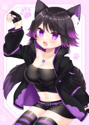 Rule 34 | 1girl, :d, animal ear fluff, animal ears, arm up, belt, belt buckle, black gloves, black hair, black jacket, black shirt, black shorts, breasts, buckle, cleavage, collarbone, commission, crop top, fingerless gloves, gloves, gradient hair, half gloves, highres, jacket, long sleeves, medium breasts, midriff, multicolored hair, navel, open clothes, open jacket, open mouth, original, puffy long sleeves, puffy sleeves, purple belt, purple eyes, purple hair, shikito (yawa0w0), shirt, short shorts, shorts, sitting, skeb commission, smile, solo, striped clothes, striped thighhighs, tail, thighhighs