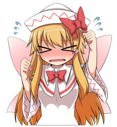Rule 34 | &gt; &lt;, 1girl, > <, bad id, bad nicoseiga id, blonde hair, blush, bow, bowtie, breasts, clenched hand, d:, dress, dx, facing viewer, fairy wings, flying sweatdrops, hat, hat bow, highres, lily white, long hair, medium breasts, open mouth, solo, sumiya nadateru, tears, touhou, white dress, wings